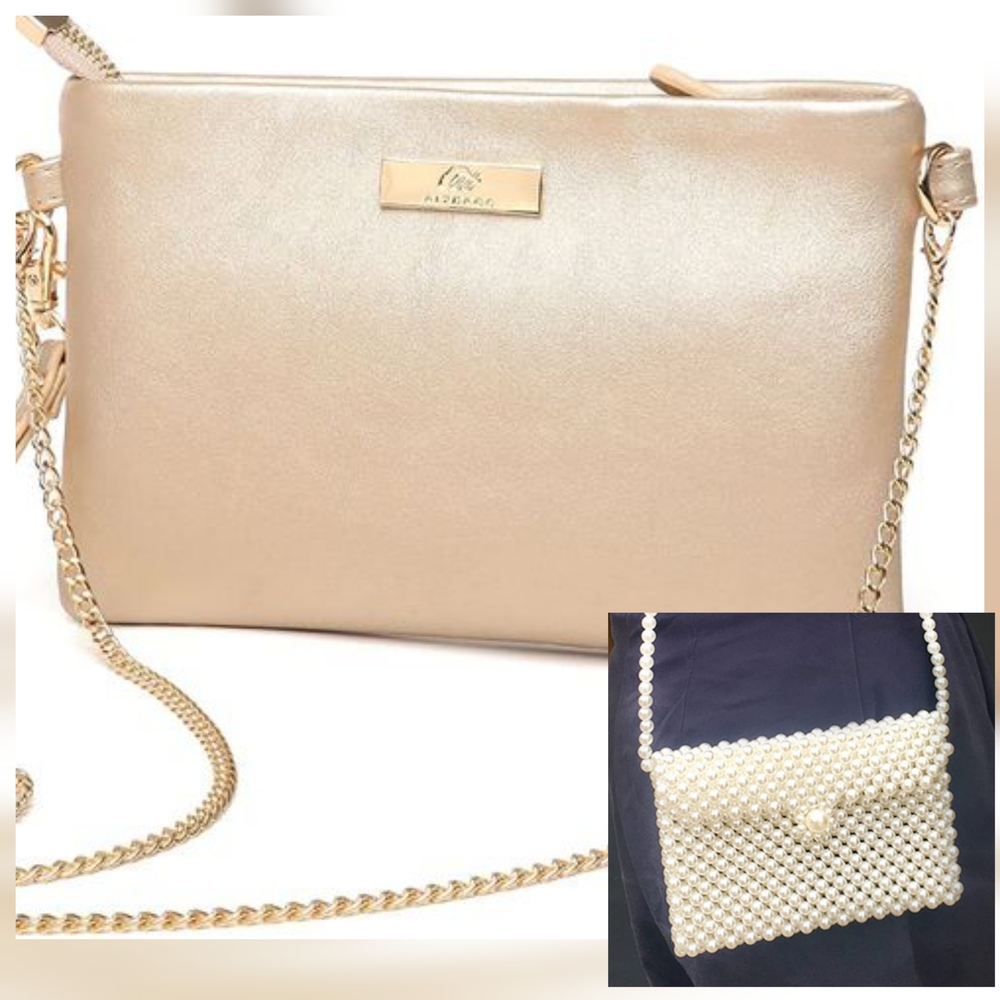 AITBAGS Gold Faux Leather Clutch And Faux Pearl Clutch